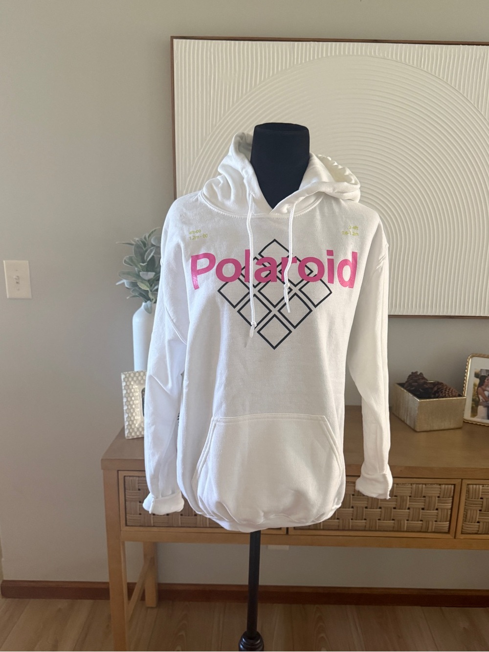 Polaroid White Hoodie with Pink Logo & Black Geometric Print